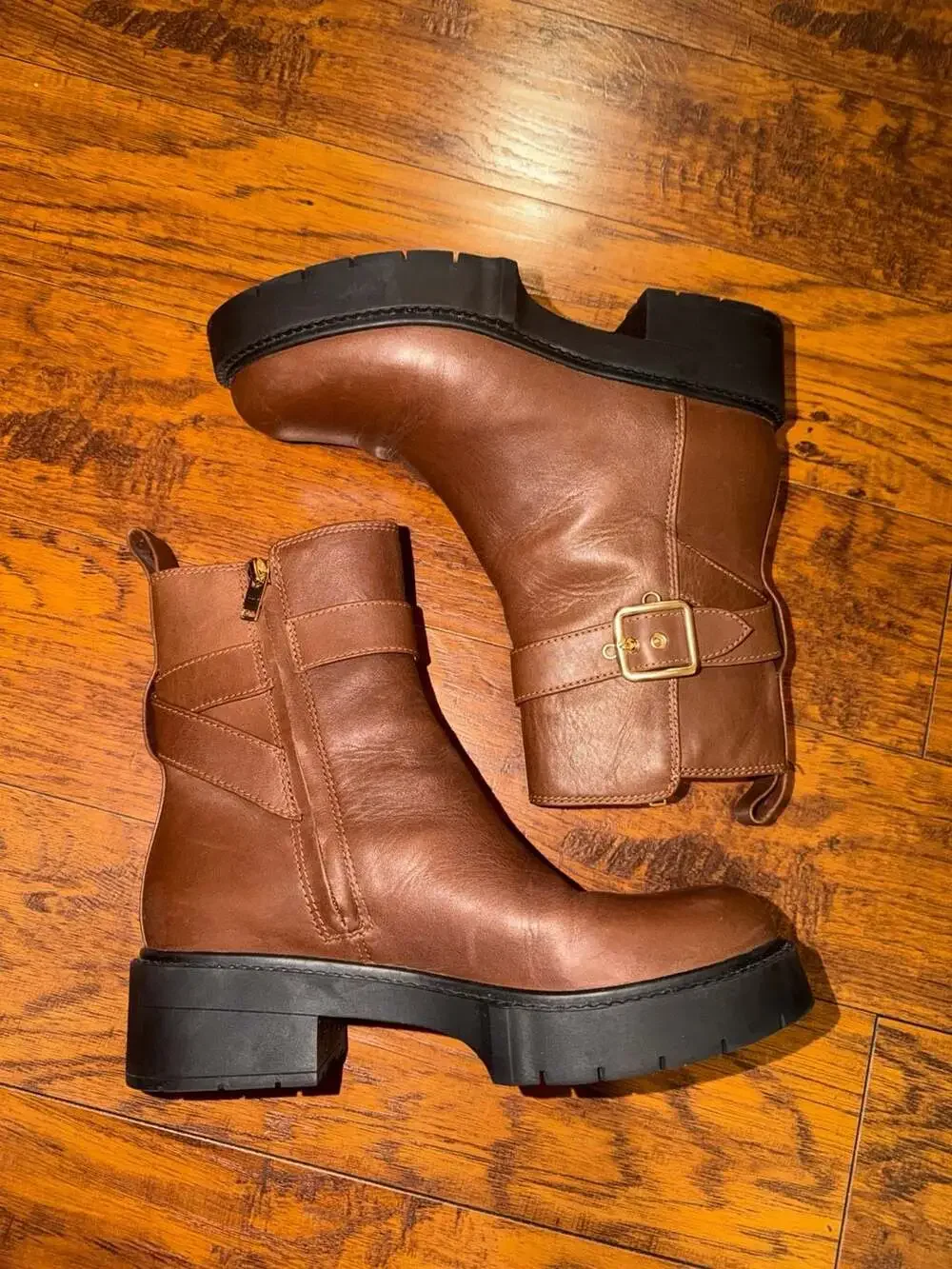 Coach Brown Leather Lug Sole Buckle Booties